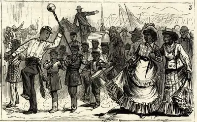 Old engraving of a lively parade with a band, flags and people in fine clothes