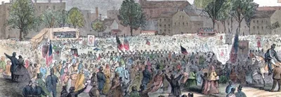 Old wide engraving of a huge crowd gathered in a town square with flags