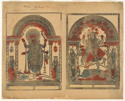 An old print showing the goddesses Kali and Jagadhatri in two painted arches