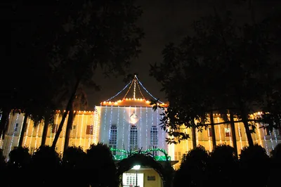 A white building lit with coloured lights among dark trees at night