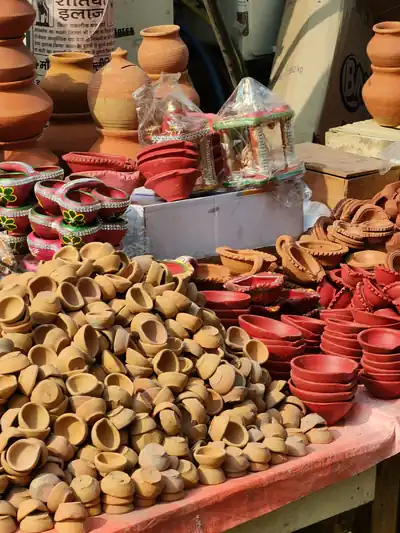Heaps of new clay lamps for sale at a street stall