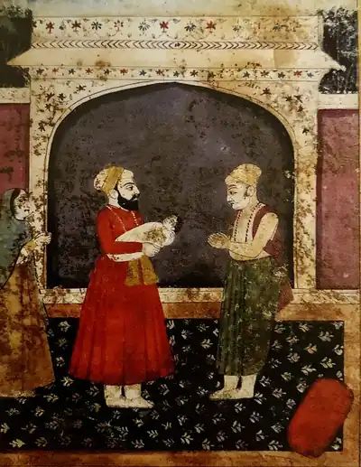 An old manuscript painting of a baby carried by his parents to a learned man