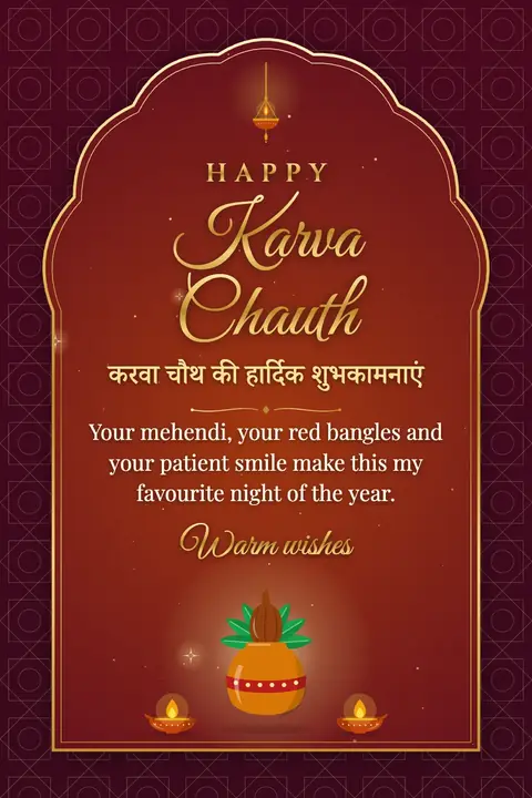 Karva Chauth wishes image: Your mehendi, your red bangles and your patient smile make this my favourite night of the year.