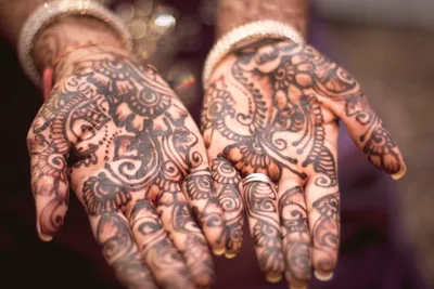 Two hands covered in fine dark henna patterns, palms facing up