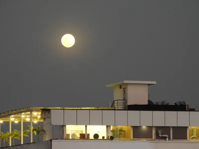 A bright full moon rising over a city rooftop at dusk
