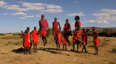 Maasai men in red shukas leap high in a jumping dance on open grassland