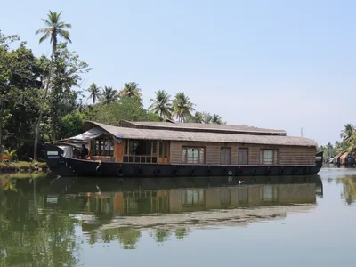 A thatched houseboat moored on calm green backwaters under palm trees