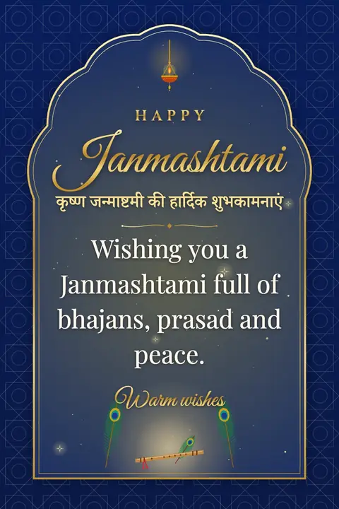 Krishna Janmashtami wishes image: Wishing you a Janmashtami full of bhajans, prasad and peace.