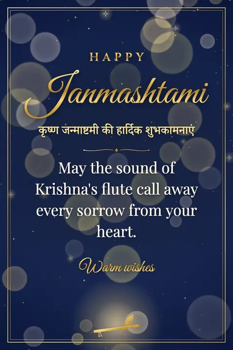 Krishna Janmashtami wishes image: May the sound of Krishna's flute call away every sorrow from your heart.