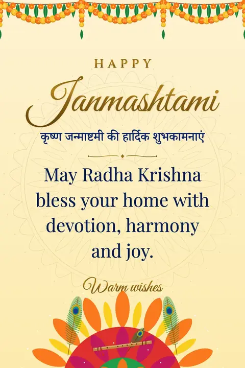 Krishna Janmashtami wishes image: May Radha Krishna bless your home with devotion, harmony and joy.