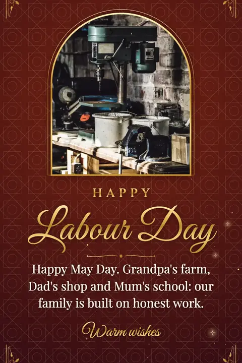 Labour Day wishes image: Happy May Day. Grandpa's farm, Dad's shop and Mum's school: our family is built on honest work.