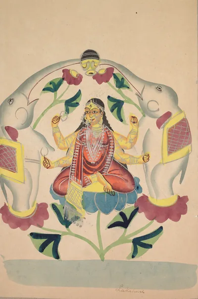 A Kalighat painting of Lakshmi seated on a lotus with two elephants pouring water