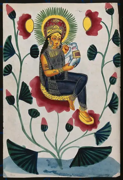 A Kalighat painting of a goddess seated among large lotus flowers