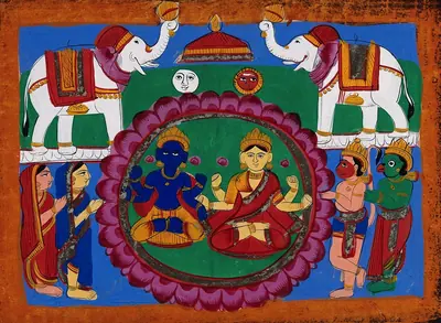 A folk painting of Vishnu and Lakshmi seated on a great lotus, with elephants above