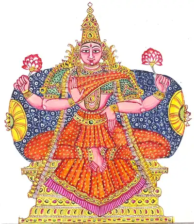 A bright painting of Lakshmi seated with lotuses in her hands