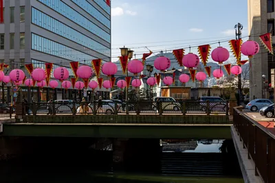 Rows of pink lanterns hang over a canal and its bridge