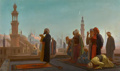 Old painting of men praying on a rooftop at sunset with minarets beyond