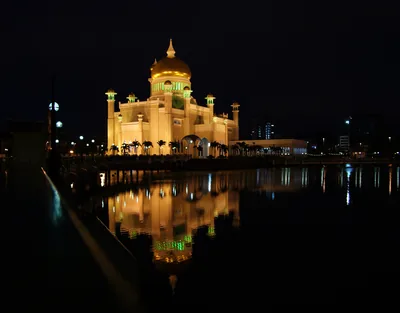 A mosque with a golden dome lit at night and reflected in still water