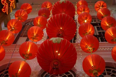 Rows of round red lanterns glowing