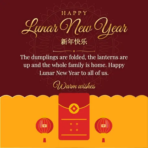 Lunar New Year wishes image: The dumplings are folded, the lanterns are up and the whole family is home. Happy Lunar New Year to all of us.
