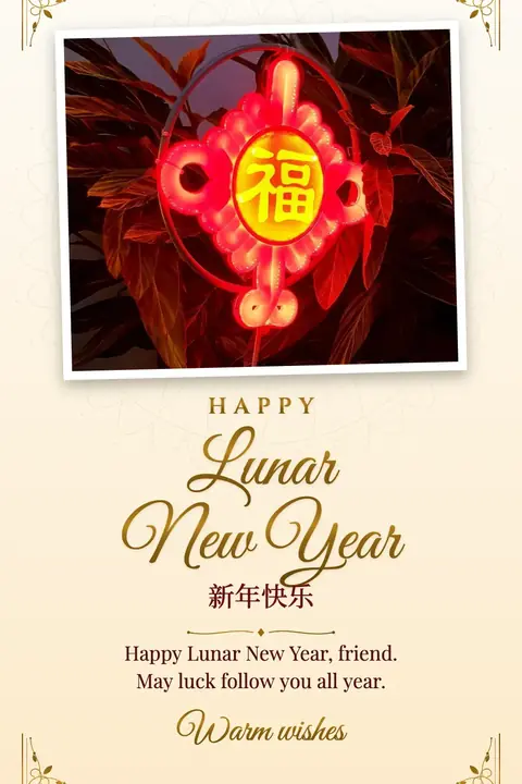 Lunar New Year wishes image: Happy Lunar New Year, friend. May luck follow you all year.