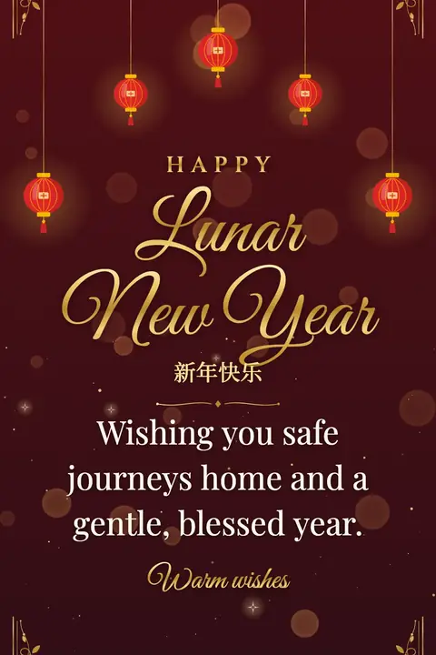 Lunar New Year wishes image: Wishing you safe journeys home and a gentle, blessed year.