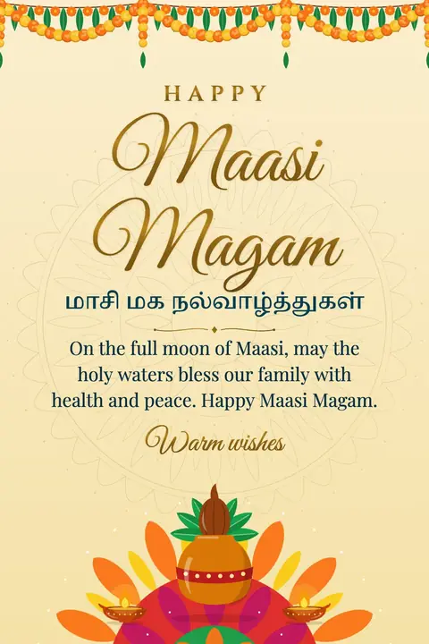 Maasi Magam wishes image: On the full moon of Maasi, may the holy waters bless our family with health and peace. Happy Maasi Magam.