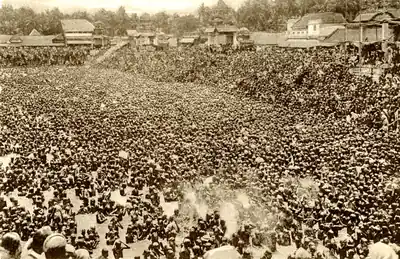 Old photo of huge crowds filling the steps and water of a tank