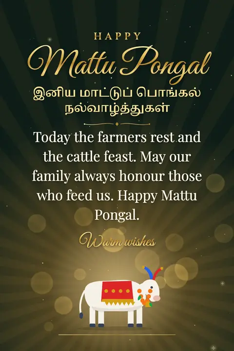 Mattu Pongal wishes image: Today the farmers rest and the cattle feast. May our family always honour those who feed us. Happy Mattu Pongal.