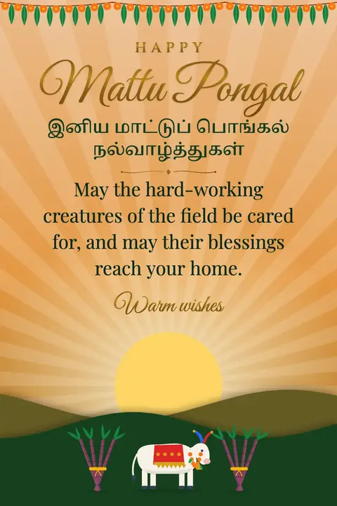 Mattu Pongal wishes image: May the hard-working creatures of the field be cared for, and may their blessings reach your home.
