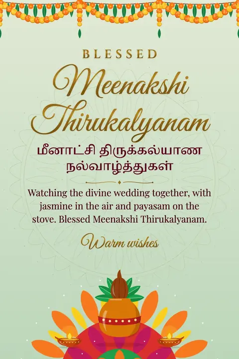 Meenakshi Thirukalyanam wishes image: Watching the divine wedding together, with jasmine in the air and payasam on the stove. Blessed Meenakshi Thirukalyanam.