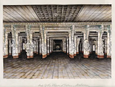Painting of a temple hall with rows of sculpted pillars