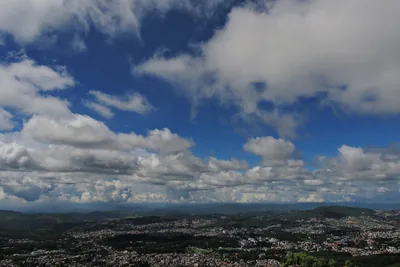 Wide view over Shillong under blue sky and white clouds
