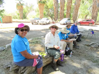 A group of volunteers resting on a log among palm trees after a hike