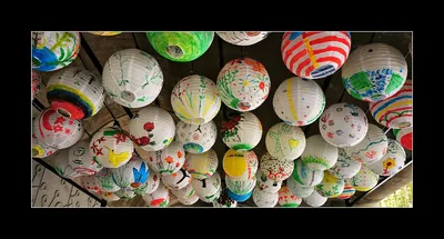 White paper lanterns painted with flowers hanging from a ceiling