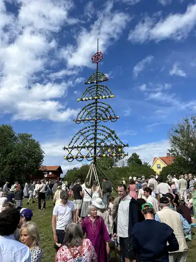 A tall leaf-covered pole with rings stands over a large crowd in a meadow