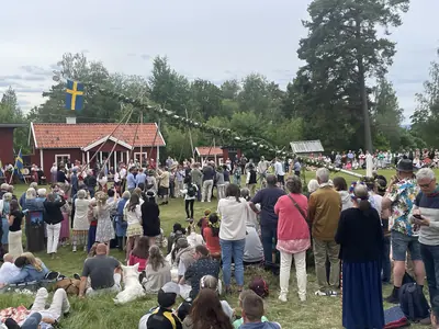 A crowd in a green field with a decorated pole and the Swedish flag