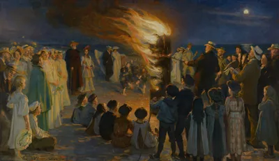 Painting of people standing around a huge bonfire on a beach at dusk