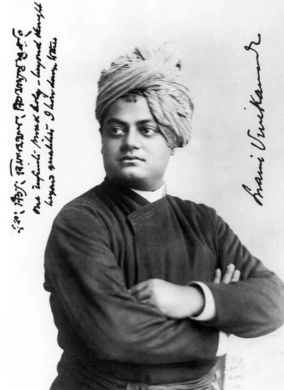 Swami Vivekananda with arms folded, a famous photograph from 1893