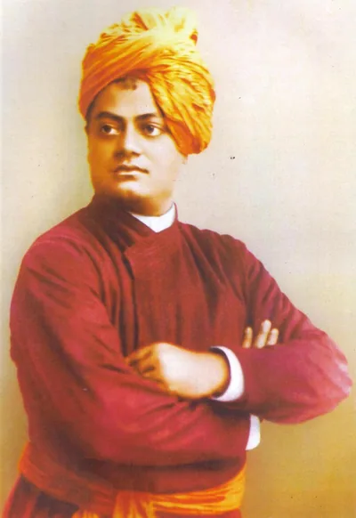 Painted portrait of Swami Vivekananda in a saffron turban