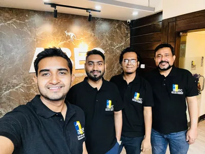 A smiling office team standing together