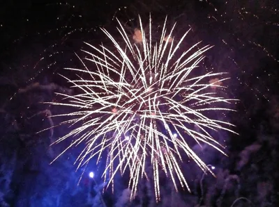 A white firework bursting in the night sky