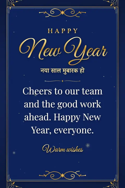 New Year wishes image: Cheers to our team and the good work ahead. Happy New Year, everyone.
