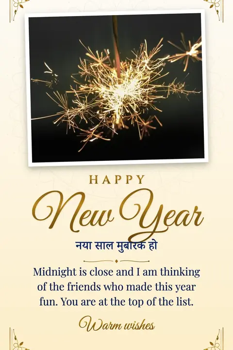 New Year wishes image: Midnight is close and I am thinking of the friends who made this year fun. You are at the top of the list.