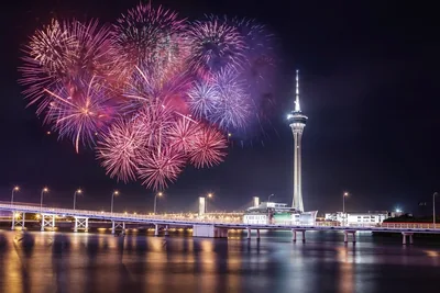 Pink and purple fireworks burst over a bridge and a tall tower by the water at night