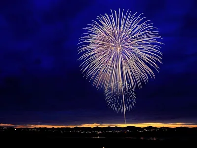 A single large white and blue firework over a dark city skyline