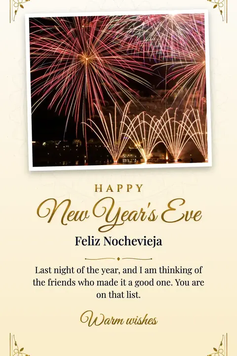 New Year's Eve wishes image: Last night of the year, and I am thinking of the friends who made it a good one. You are on that list.