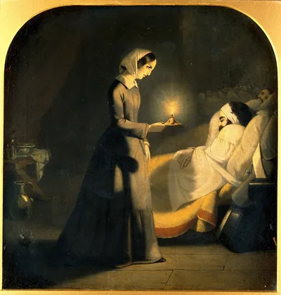 An old painting of Florence Nightingale holding a lamp beside a soldier's bed