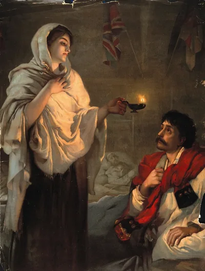 A painting of Florence Nightingale with a lamp in a hospital ward