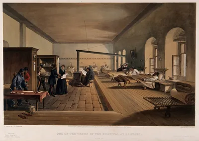 An old print of a long hospital ward with rows of beds